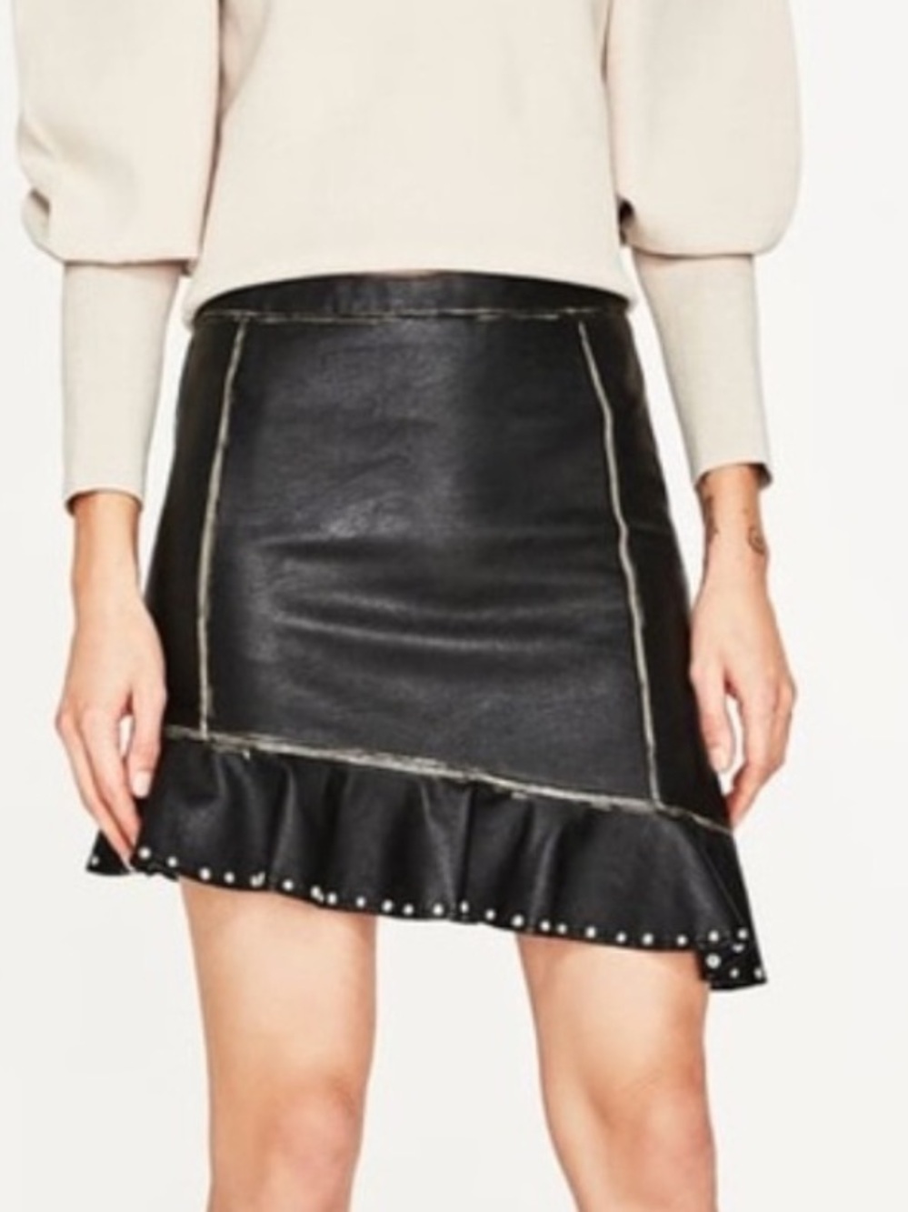 Zara Black Leather Skirt with Silver Studs